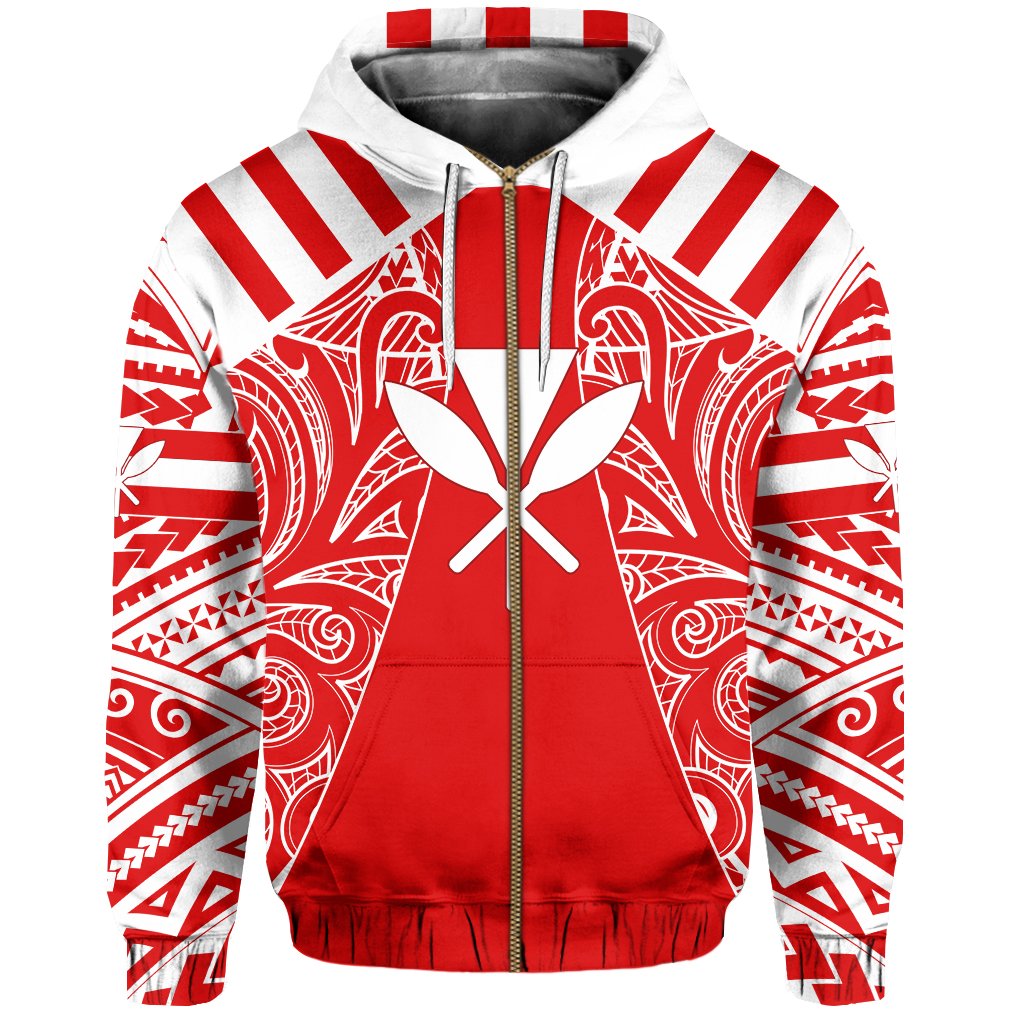Hawaii Kanaka Football Jersey Polynesian Hoodie Zip Red & White Victor Style - Polynesian Pride