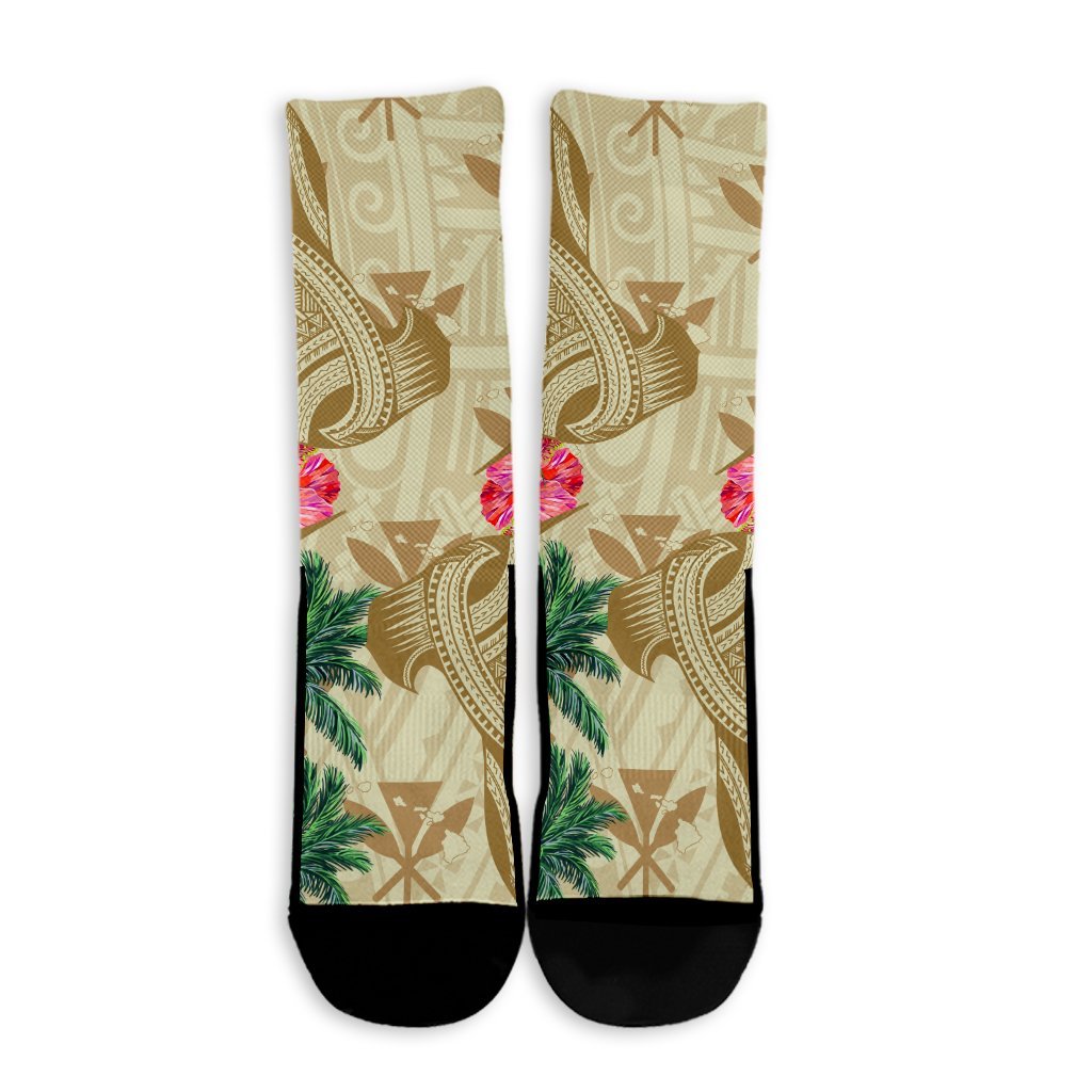 Hawaii Kanaka Maoli Plumeria Palm Trees Hammer Shark Crew Socks - AH - Polynesian Pride