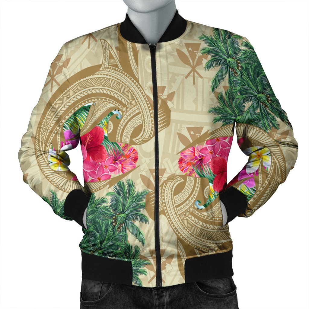 Hawaii Kanaka Maoli Plumeria Palm Trees Hammer Shark Bomber Jacket - AH Black Unisex - Polynesian Pride