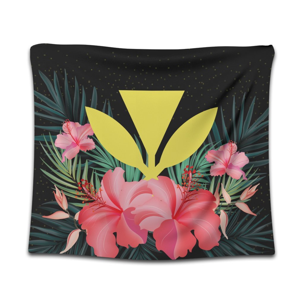 Hawaii Kanaka Tropical Hibiscus Tapestry - AH Wall Tapestry Black - Polynesian Pride