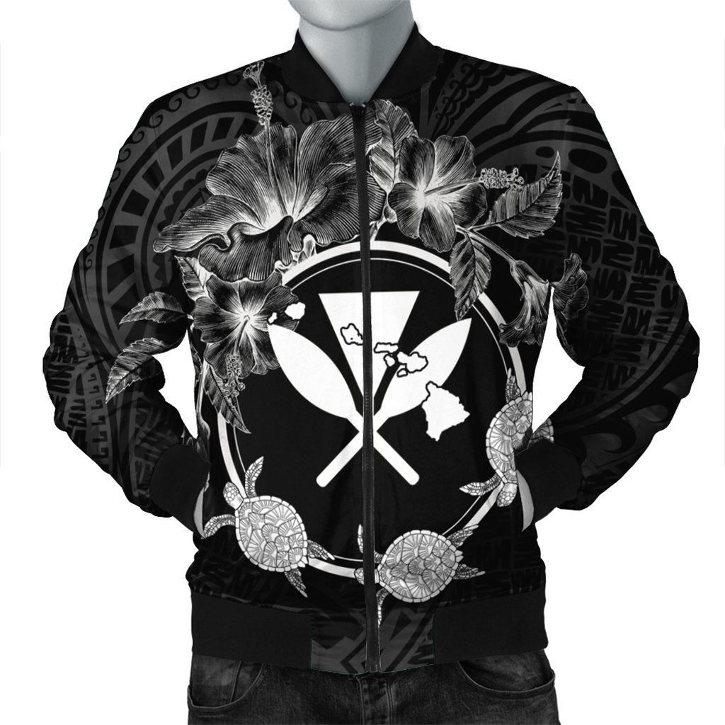 Hawaii Kanaka Turtle Hibiscus Polynesian Bomber Jacket - Anthea Style - AH Black Unisex - Polynesian Pride