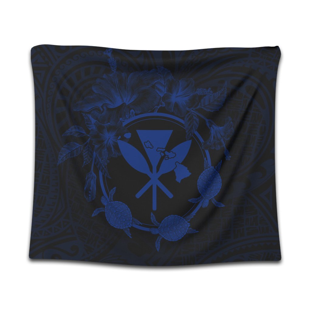 Hawaii Kanaka Turtle Hibiscus Polynesian Tapestry - Anthea Style Blue - AH Wall Tapestry Black - Polynesian Pride