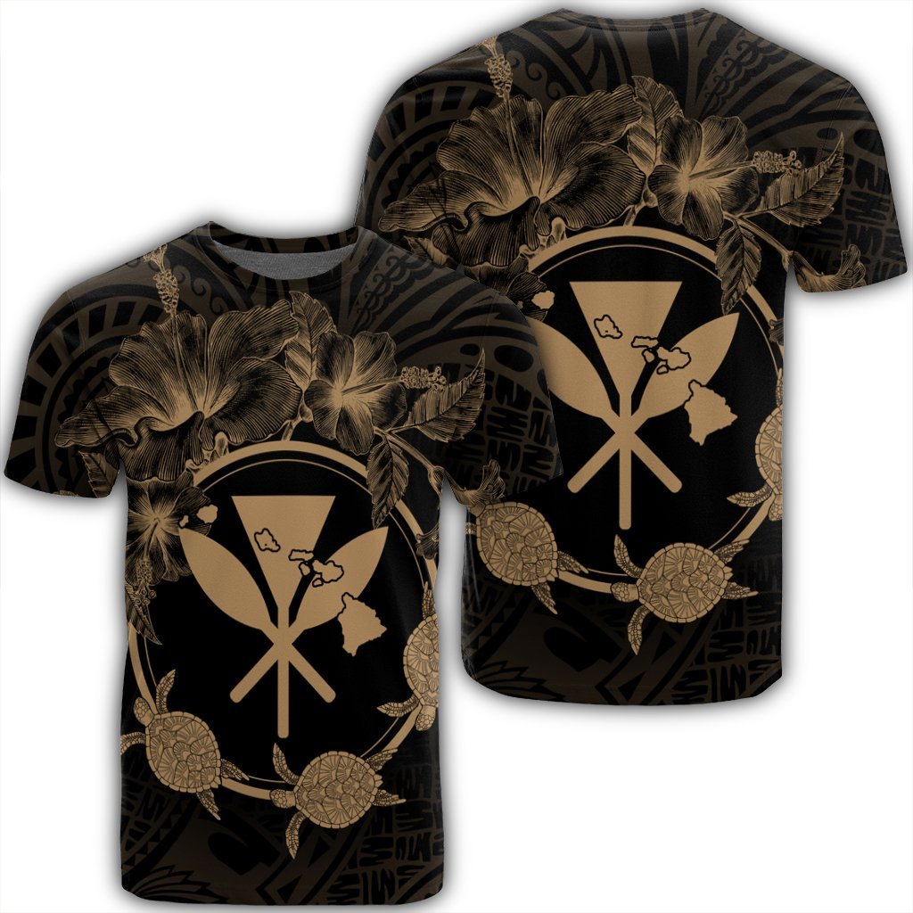 Hawaii Kanaka Turtle Hibiscus Polynesian T Shirt Anthea Style Gold Unisex Black - Polynesian Pride