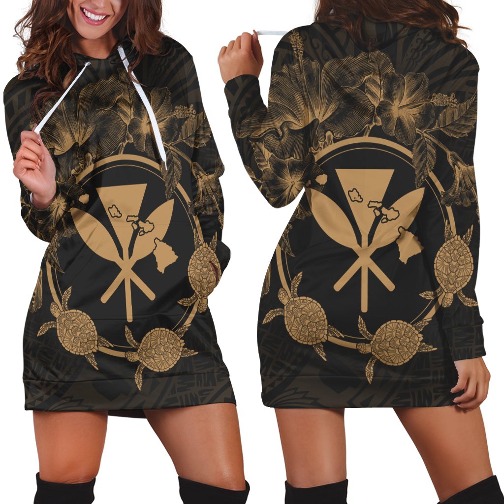 Hawaii Kanaka Turtle Hibiscus Polynesian Hoodie Dress - Anthea Style Gold - AH Black - Polynesian Pride