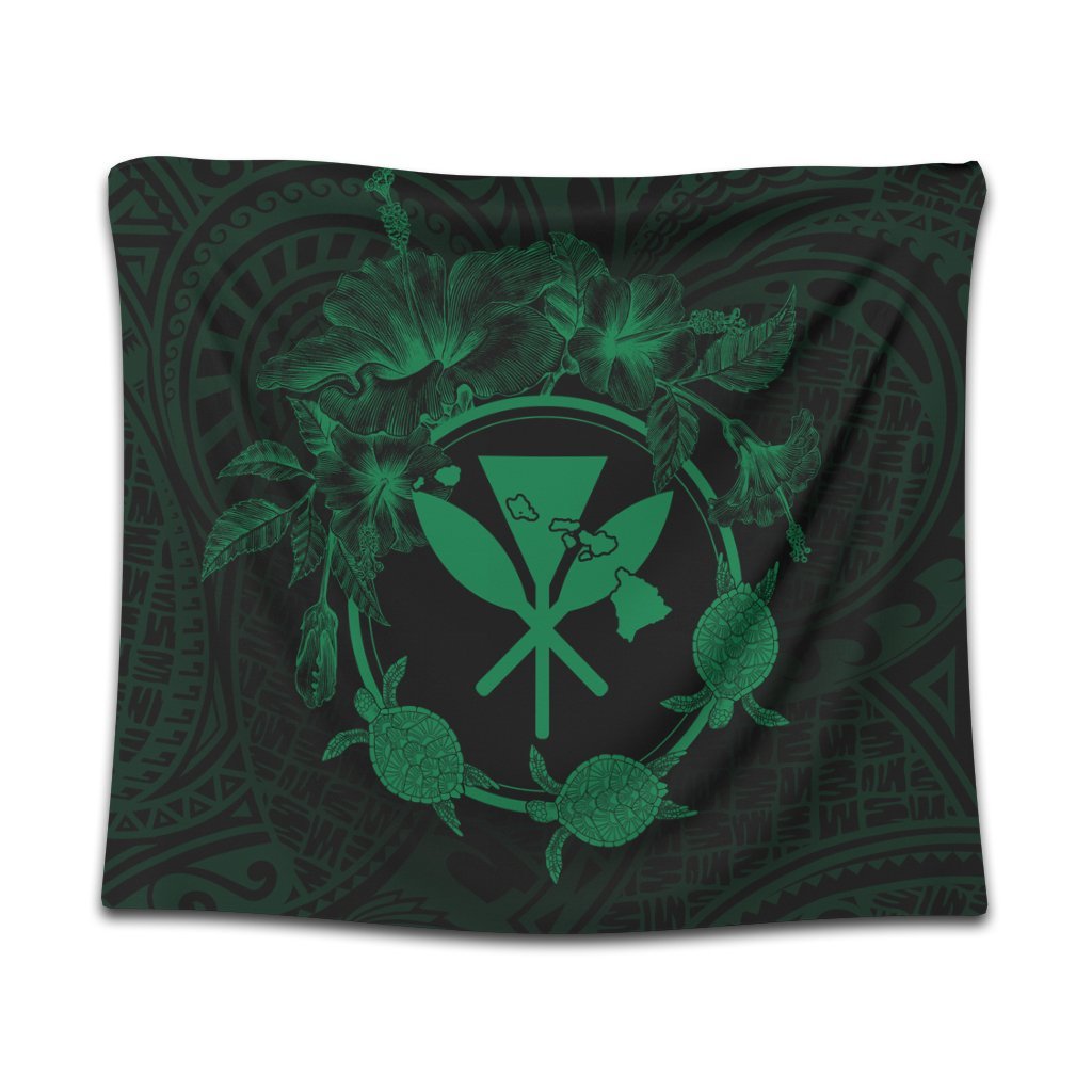 Hawaii Kanaka Turtle Hibiscus Polynesian Tapestry - Anthea Style Green - AH Wall Tapestry Black - Polynesian Pride