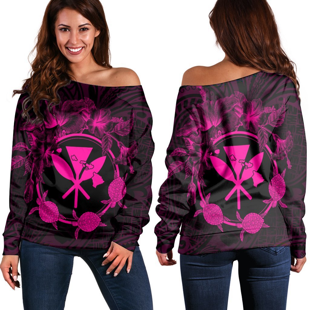 Hawaii Kanaka Turtle Hibiscus Polynesian Women's Off Shoulder Sweater - Anthea Style Pink - AH Black - Polynesian Pride