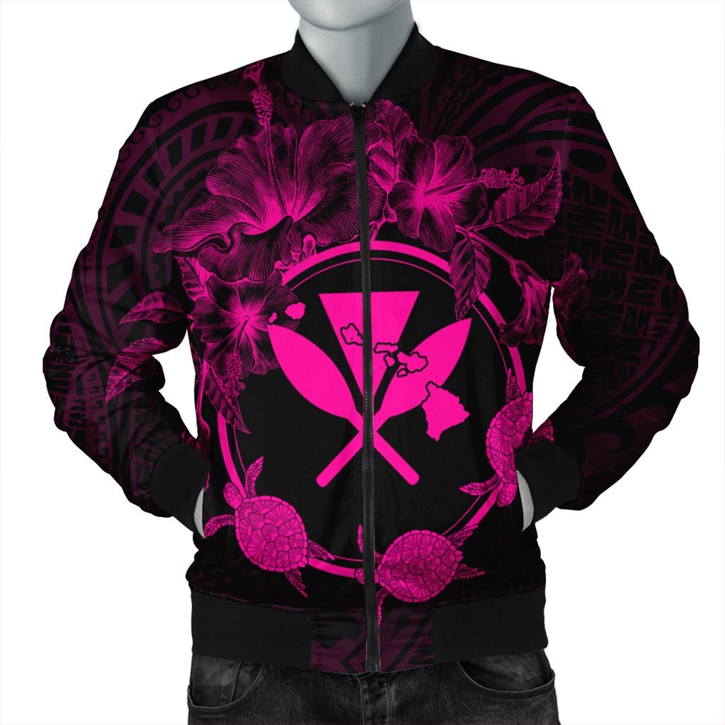 Hawaii Kanaka Turtle Hibiscus Polynesian Bomber Jacket - Anthea Style Pink - AH Black Unisex - Polynesian Pride