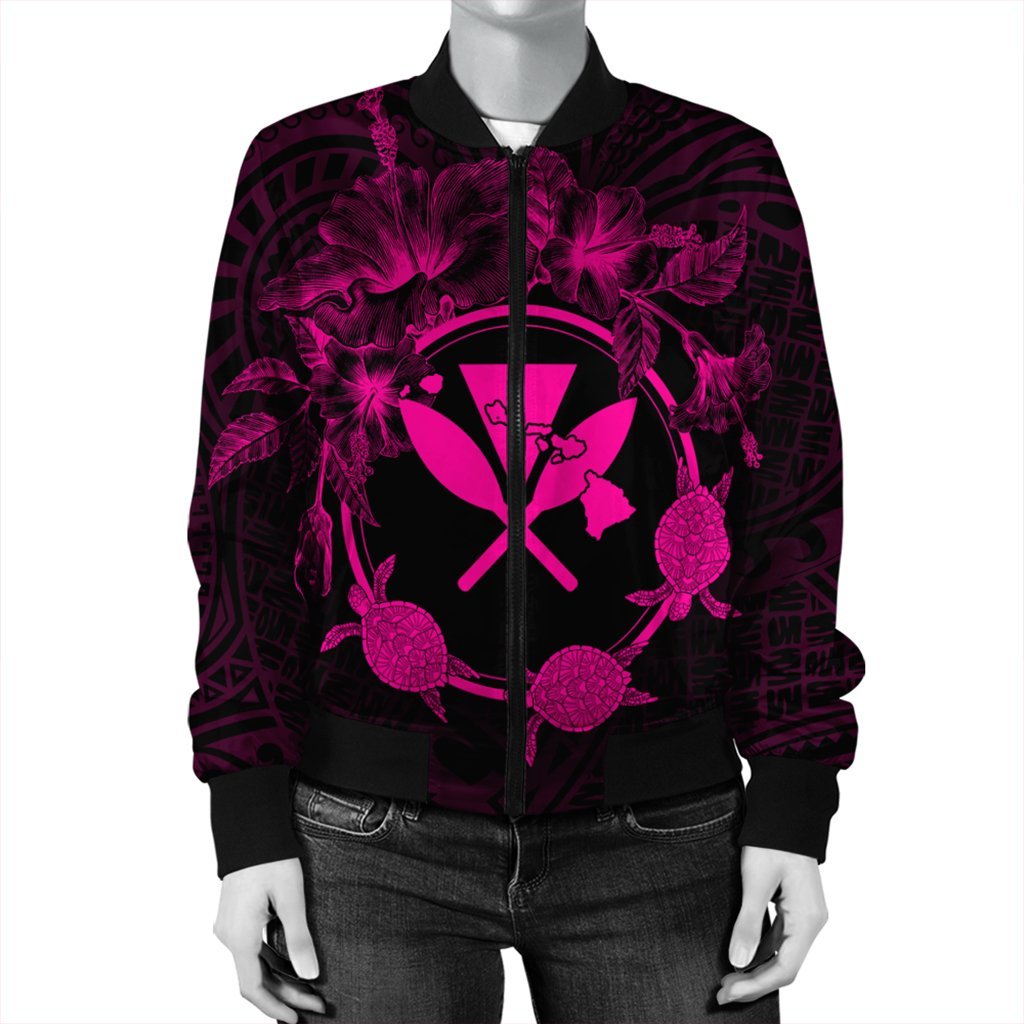 Hawaii Kanaka Turtle Hibiscus Polynesian Bomber Jacket - Anthea Style Pink - AH - Polynesian Pride