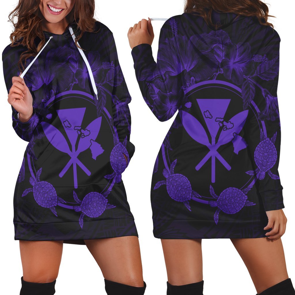 Hawaii Kanaka Turtle Hibiscus Polynesian Hoodie Dress - Anthea Style Purple - AH Black - Polynesian Pride