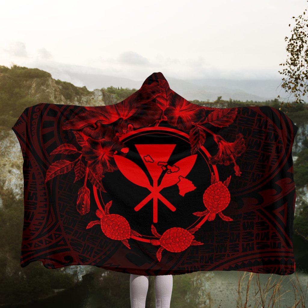 Hawaii Kanaka Turtle Hibiscus Polynesian Hooded Blanket - Anthea Style Red - AH - Polynesian Pride