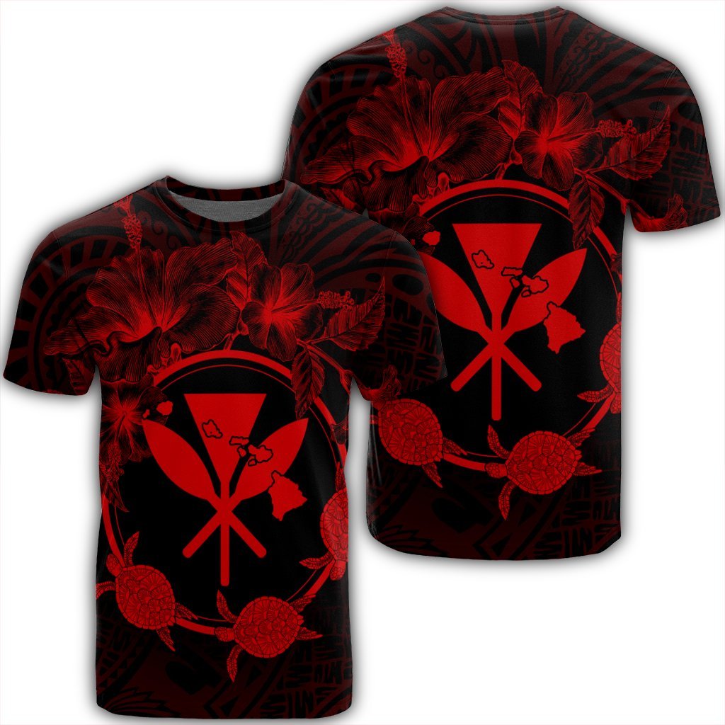 Hawaii Kanaka Turtle Hibiscus Polynesian T Shirt Anthea Style Red Unisex Black - Polynesian Pride