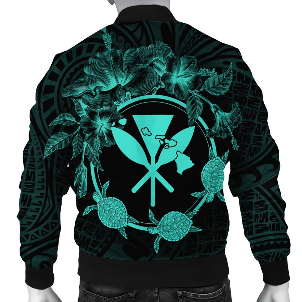 Hawaii Kanaka Turtle Hibiscus Polynesian Bomber Jacket - Anthea Style Turquoise - AH - Polynesian Pride