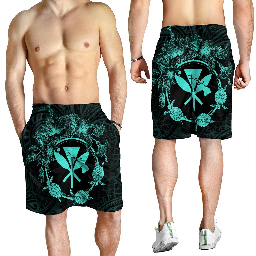 Hawaii Kanaka Turtle Hibiscus Polynesian Men's Shorts - Anthea Style Turquoise - AH - Polynesian Pride