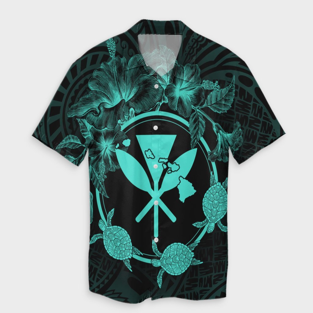 Hawaii Kanaka Turtle Hibiscus Polynesian Hawaiian Shirt - Anthea Style Turquoise - AH Unisex Black - Polynesian Pride