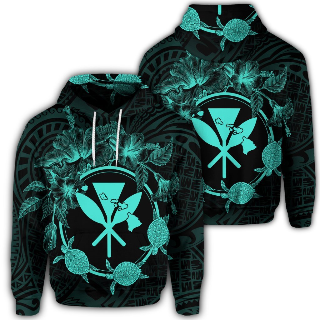 Hawaiian Kanaka Turtle Hibiscus Polynesian Hoodie Anthea Style Turquoise Unisex Art - Polynesian Pride