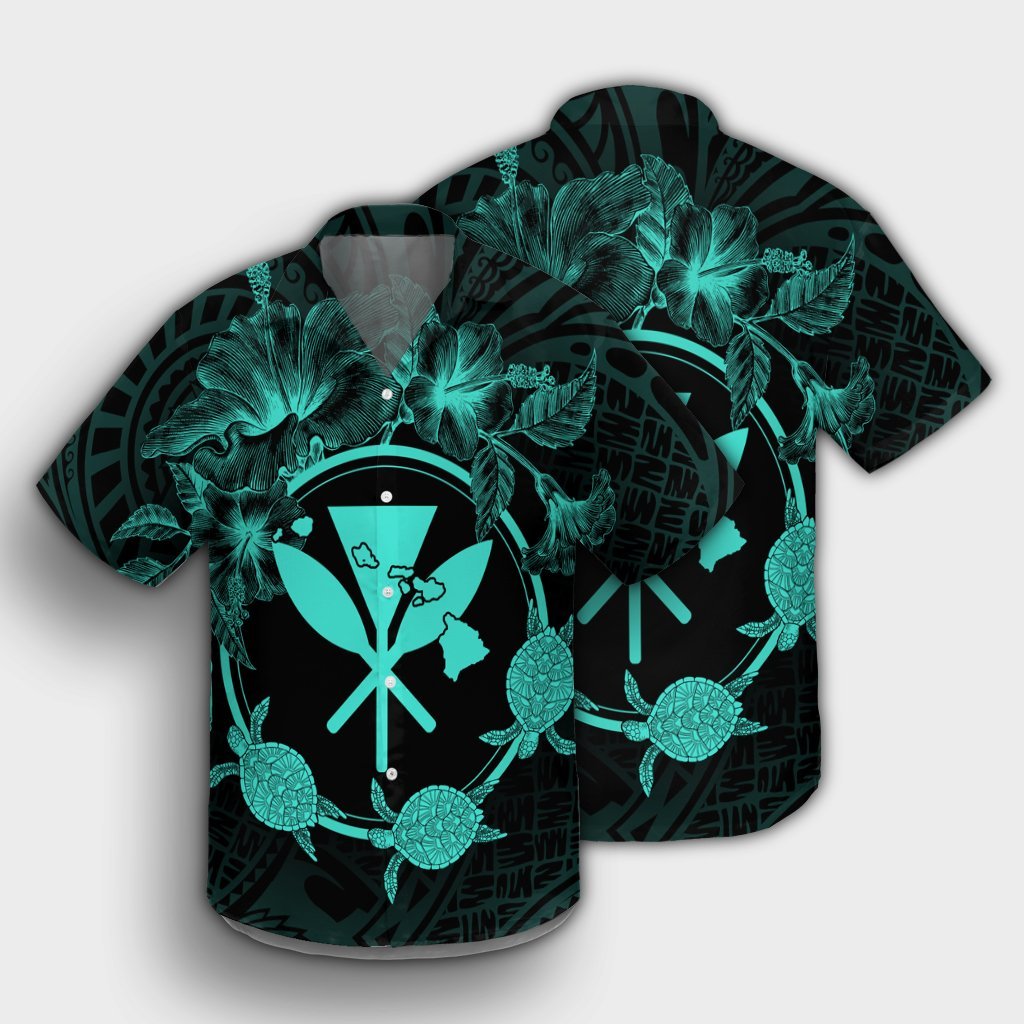 Hawaii Kanaka Turtle Hibiscus Polynesian Hawaiian Shirt - Anthea Style Turquoise - AH - Polynesian Pride