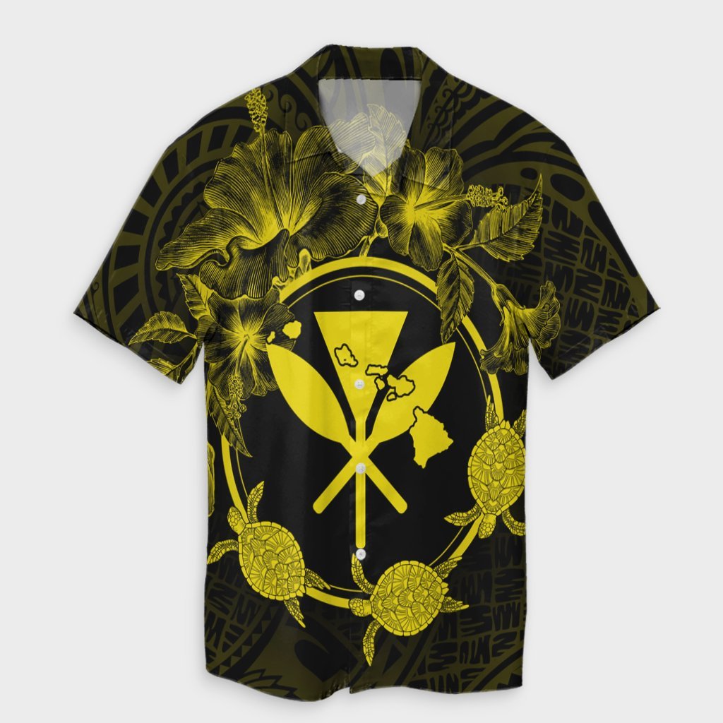 Hawaii Kanaka Turtle Hibiscus Polynesian Hawaiian Shirt - Anthea Style Yellow - AH Unisex Black - Polynesian Pride