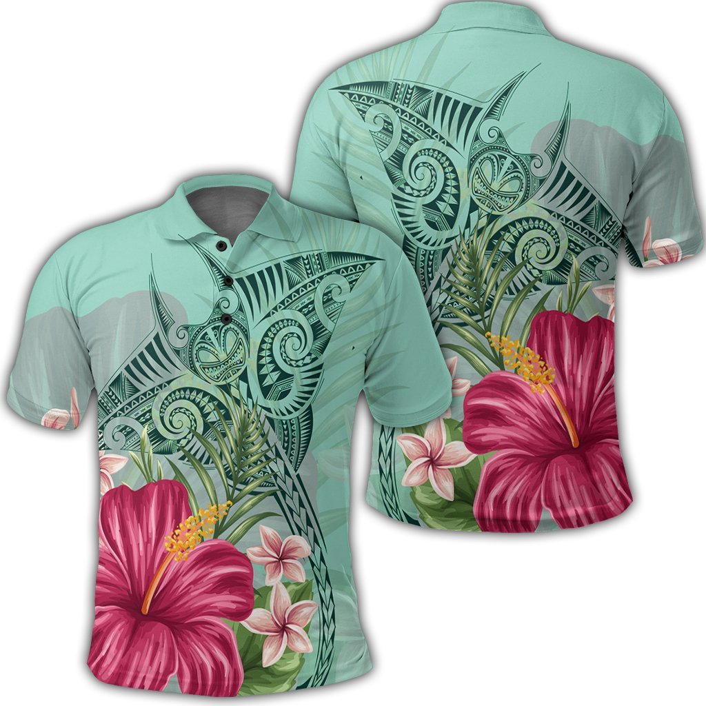 Hawaii Manta Ray Tropical Hibiscus Plumeria Polo Shirt Unisex Black - Polynesian Pride