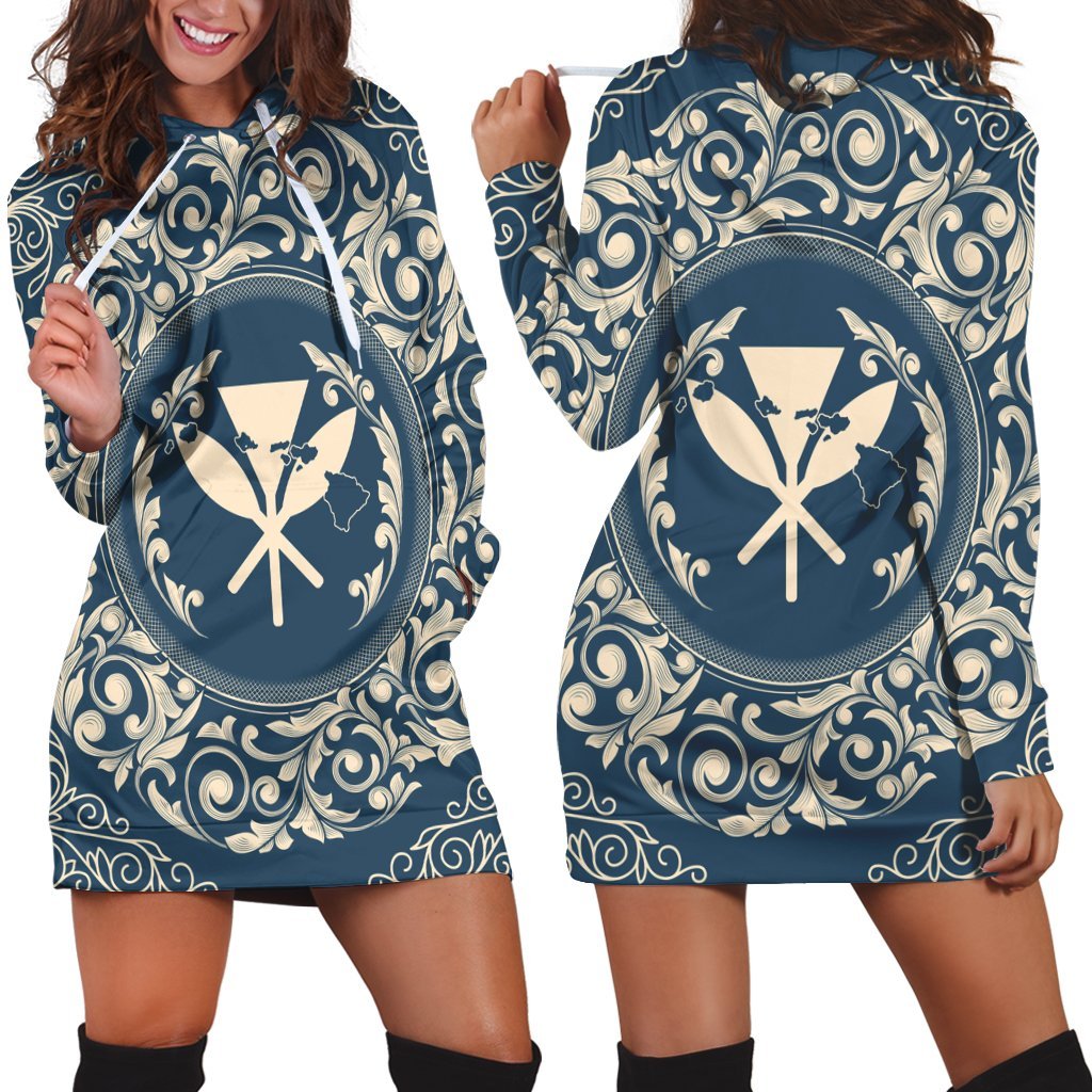 Hawaii Map Classic Floral Hoodie Dress Blue - AH Black - Polynesian Pride