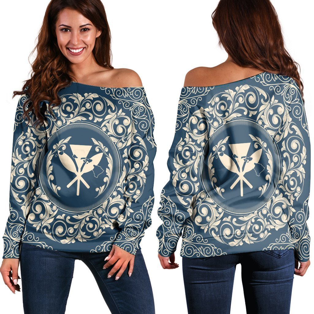 Hawaii Map Classic Floral Women's Off Shoulder Sweater Blue - AH Black - Polynesian Pride