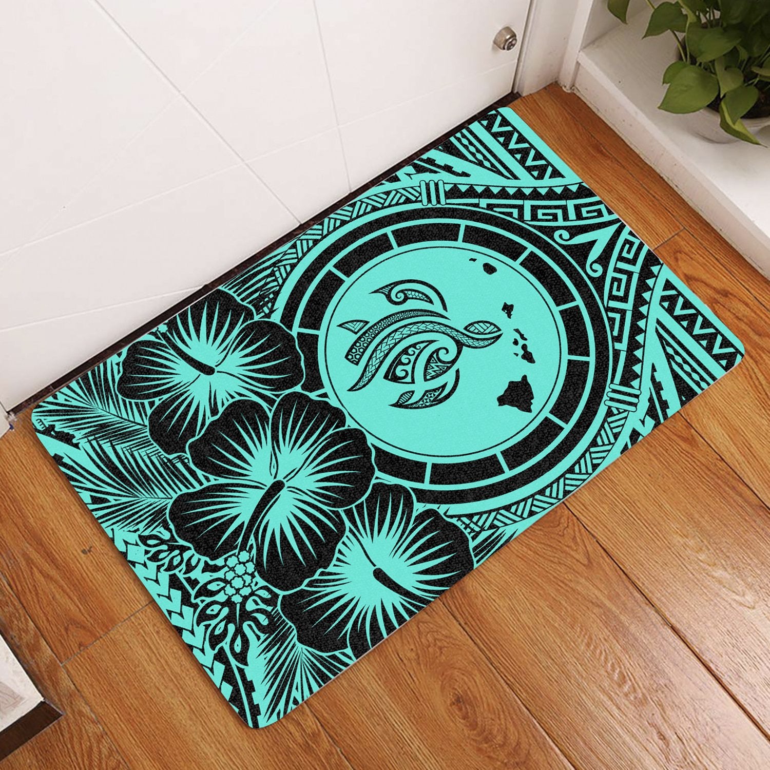 Hawaii Map Honu Hibiscus Polynesian Door Mat Turquoise AH Door Mat Turquoise - Polynesian Pride