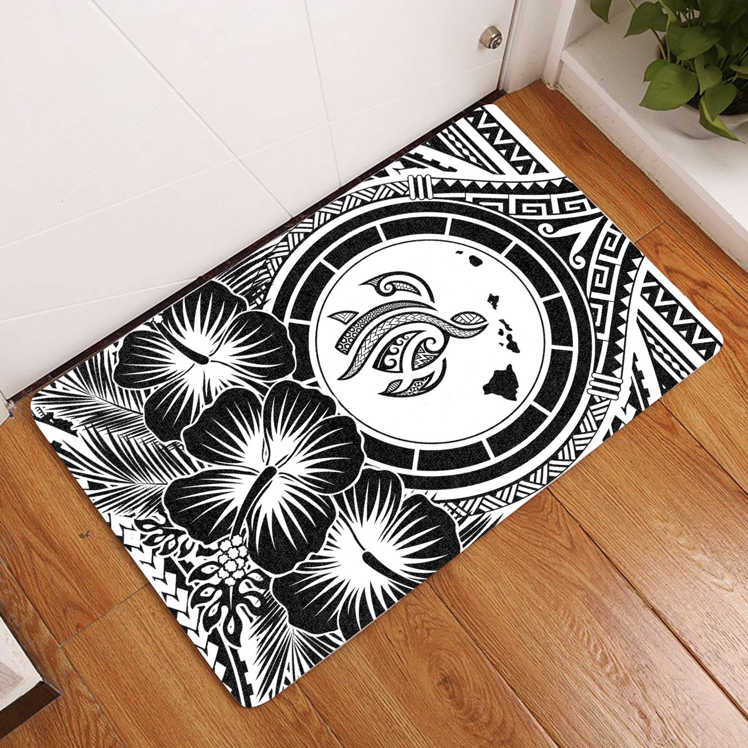 Hawaii Map Honu Hibiscus Polynesian Door Mat White AH Door Mat White - Polynesian Pride