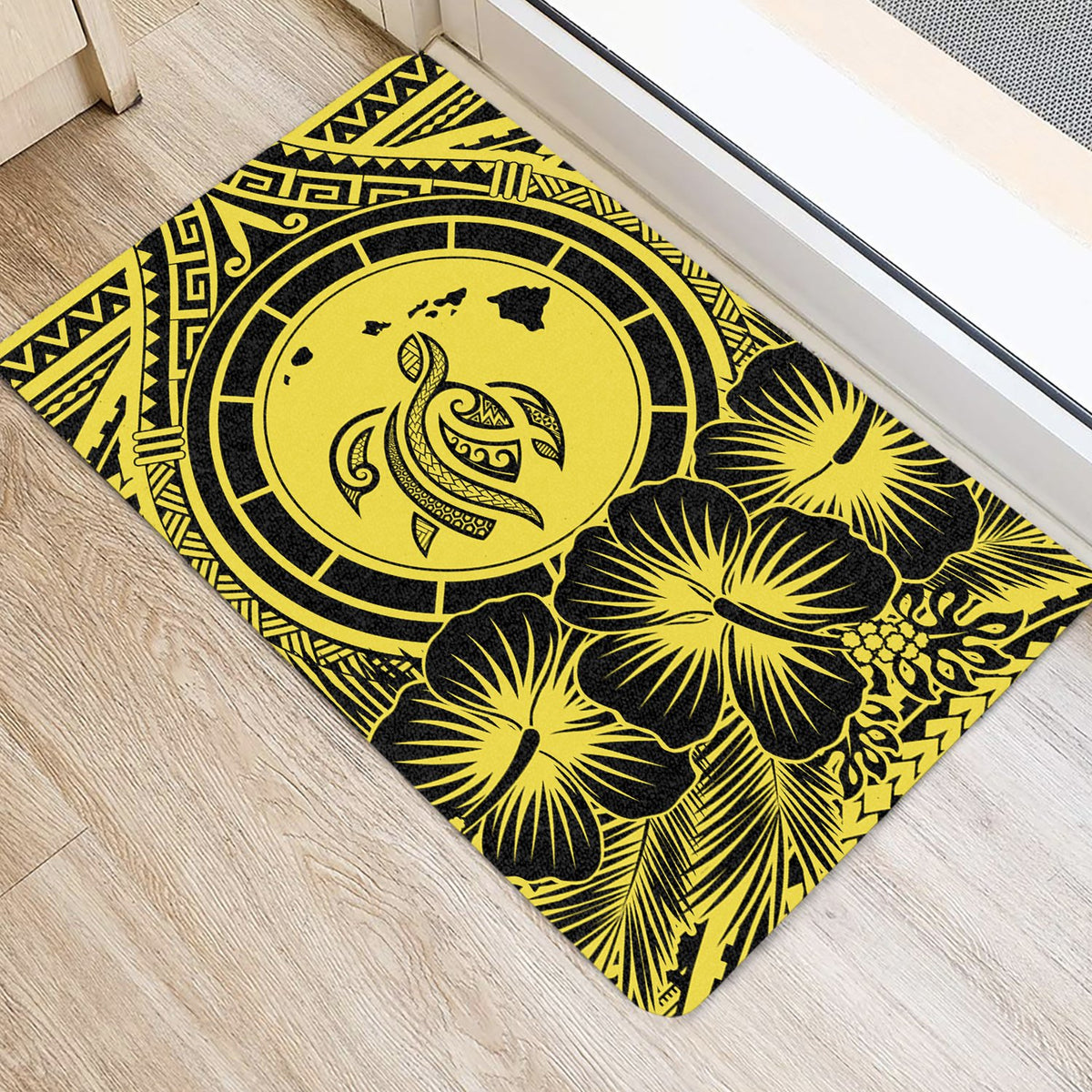 Hawaii Map Honu Hibiscus Polynesian Door Mat Yellow AH - Polynesian Pride