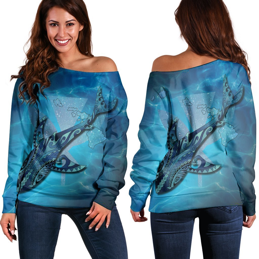 Hawaii Map Kanaka Galaxy Shark Women's Off Shoulder Sweater - AH Black - Polynesian Pride