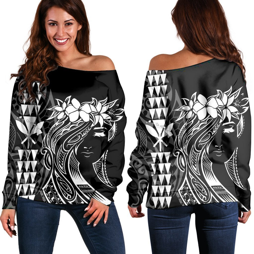 Hawaii Map Kanaka Polynesian Hula Girl Women's Off Shoulder Sweater - AH - J5R Black - Polynesian Pride