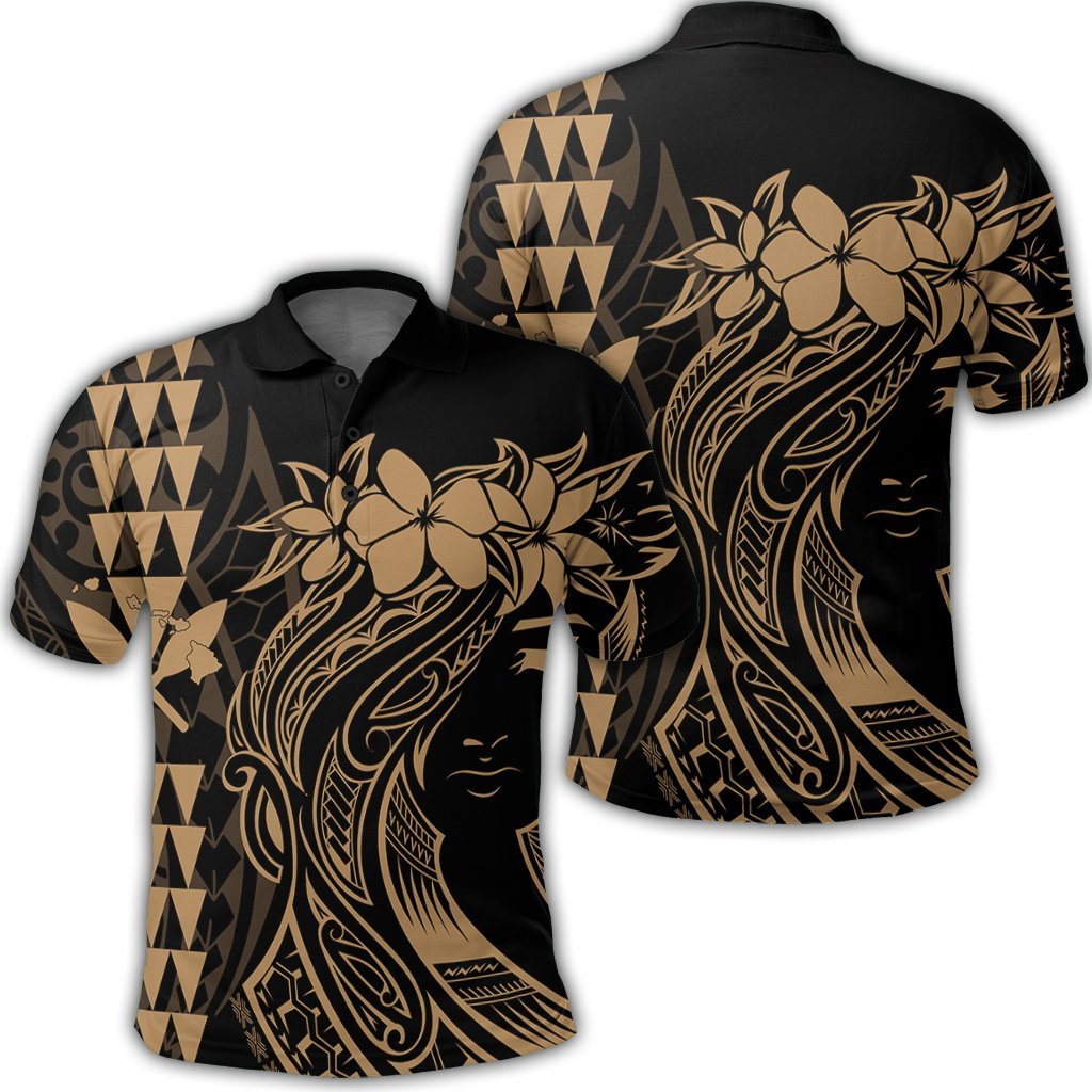 Hawaii Map Kanaka Polynesian Hula Girl Polo Shirt Gold J5R Unisex Black - Polynesian Pride