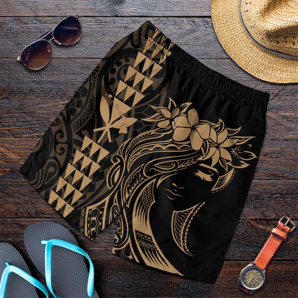 Hawaii Map Kanaka Polynesian Hula Girl Men's Shorts Gold - AH - J5C Art - Polynesian Pride