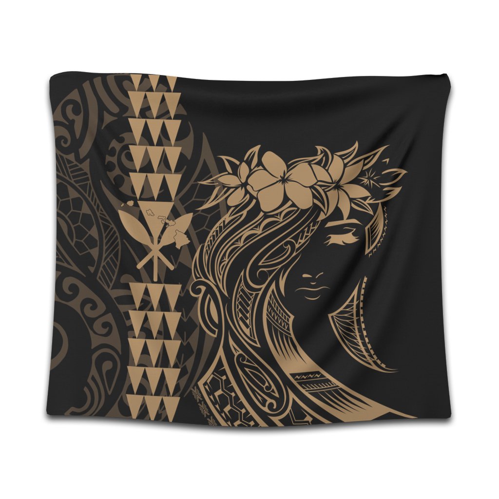 Hawaii Map Kanaka Polynesian Hula Girl Tapestry Gold - AH - J5C Wall Tapestry Black - Polynesian Pride