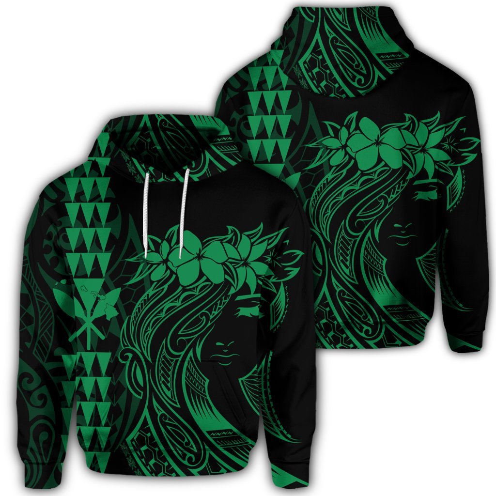 Hawaiian Map Kanaka Polynesian Hula Girl Hoodie Green Unisex Art - Polynesian Pride