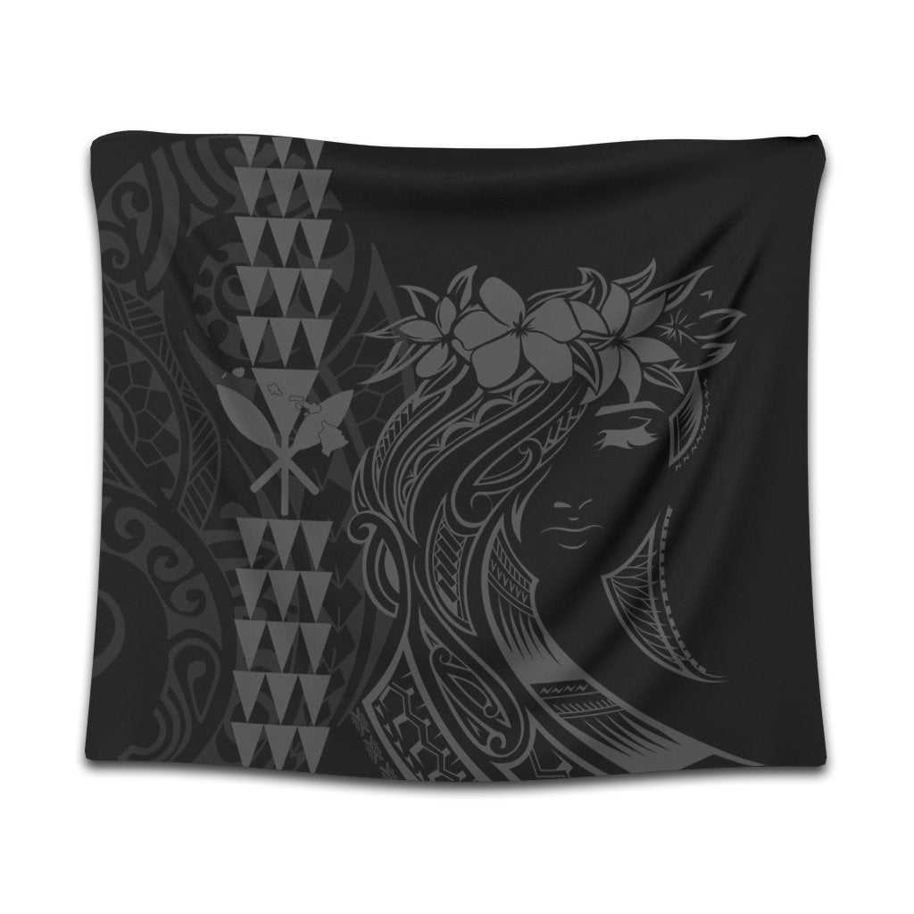 Hawaii Map Kanaka Polynesian Hula Girl Tapestry Grey - AH - J5C Wall Tapestry Black - Polynesian Pride