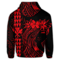 Hawaii Map Kanaka Polynesian Hula Girl Zip Hoodie Red - Polynesian Pride