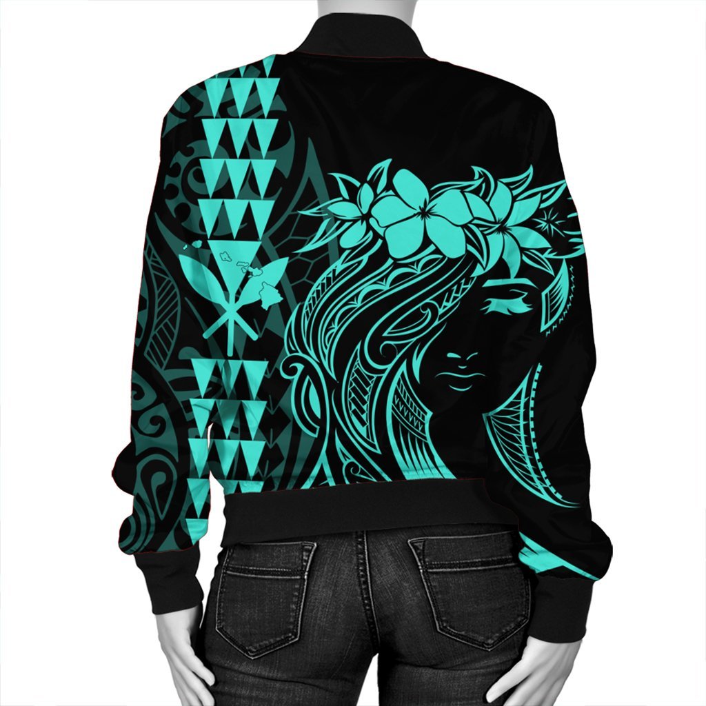 Hawaii Map Kanaka Polynesian Hula Girl Bomber Jacket Turquoise - AH - J5R - Polynesian Pride