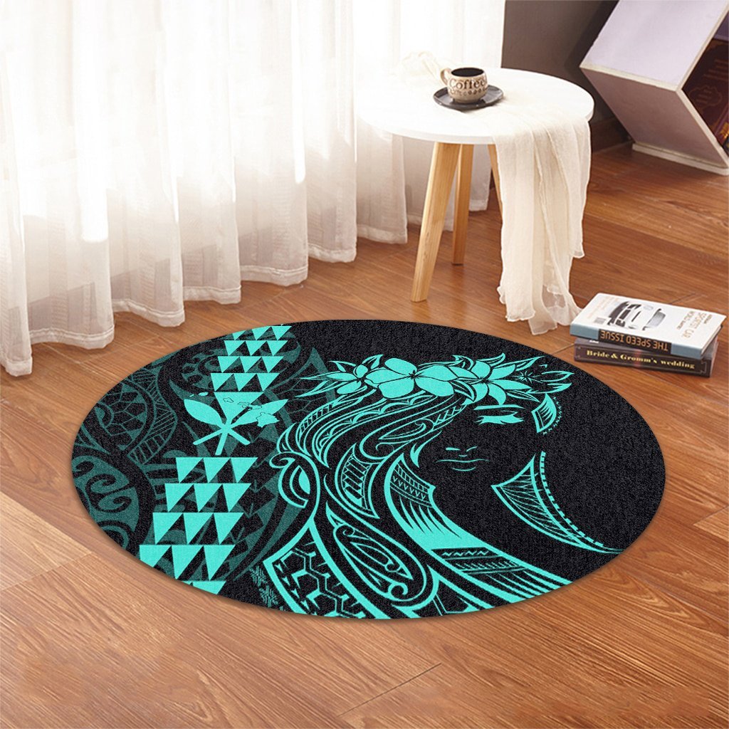 Hawaii Map Kanaka Polynesian Hula Girl Round Carpet Turquoise - AH - J5R - Polynesian Pride