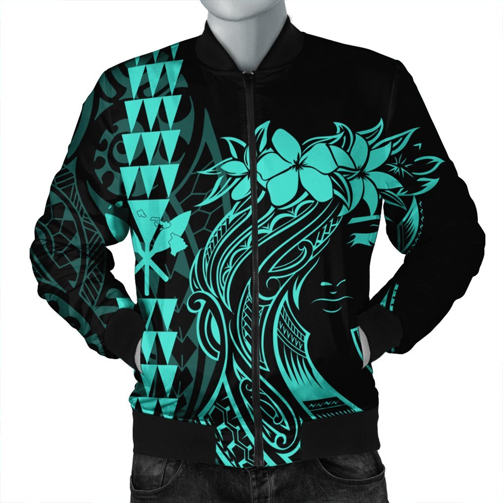 Hawaii Map Kanaka Polynesian Hula Girl Bomber Jacket Turquoise - AH - J5R Black Unisex - Polynesian Pride