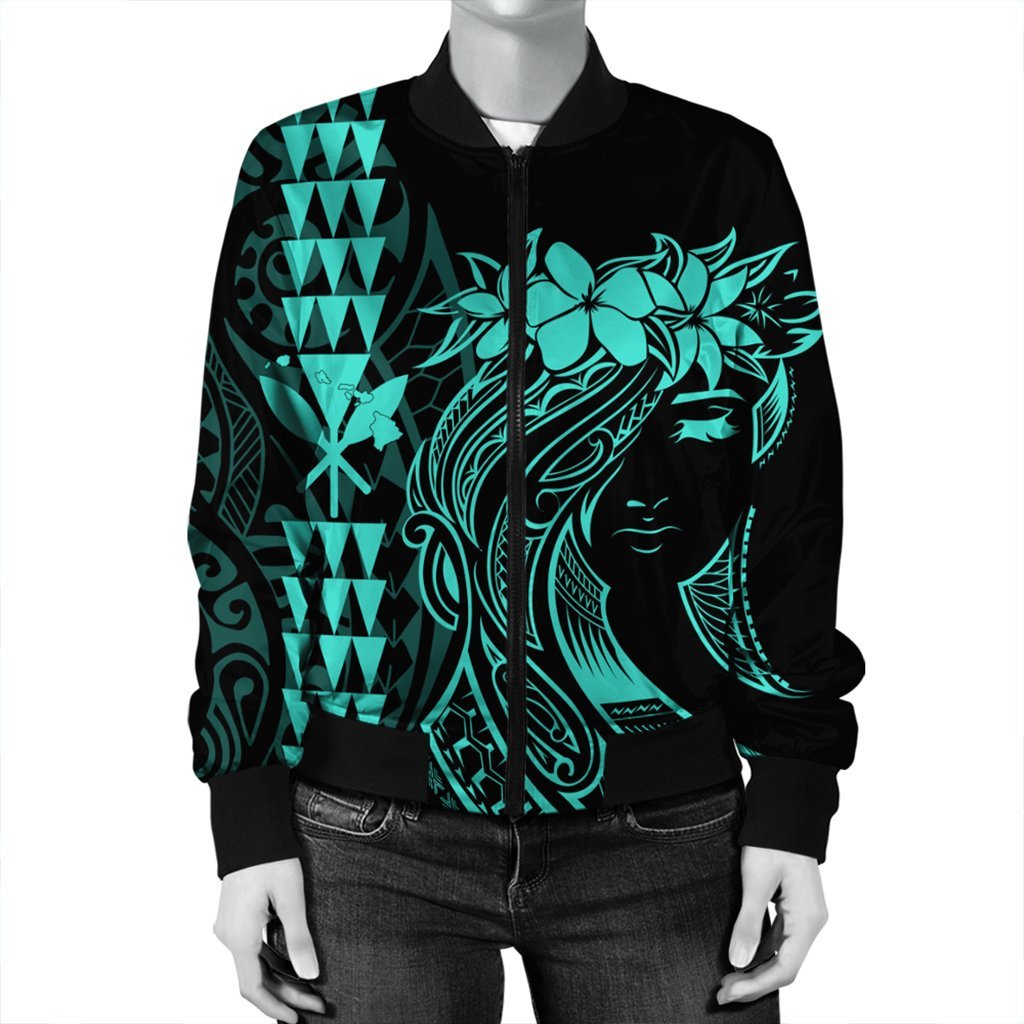Hawaii Map Kanaka Polynesian Hula Girl Bomber Jacket Turquoise - AH - J5R - Polynesian Pride