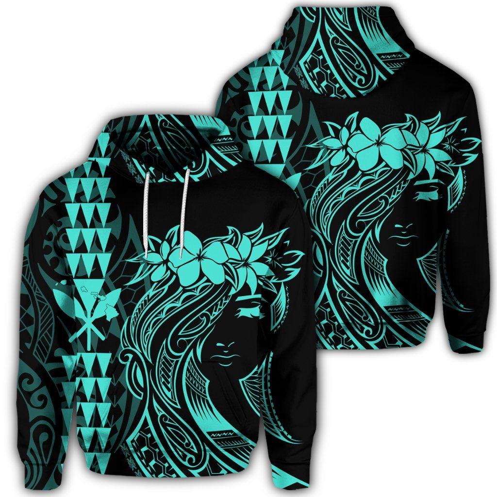 Hawaiian Map Kanaka Polynesian Hula Girl Hoodie Turquoise Unisex Art - Polynesian Pride