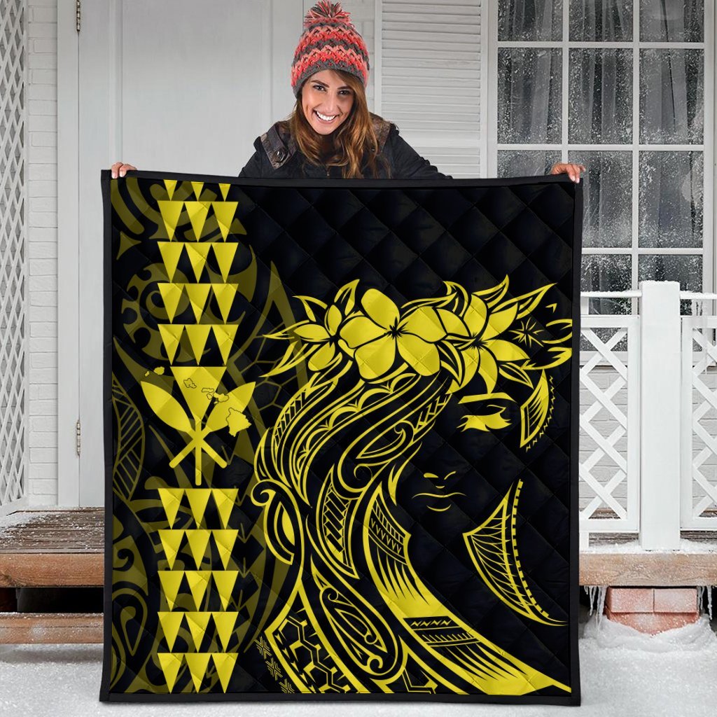 Hawaii Map Kanaka Polynesian Hula Girl Premium Quilts Yellow - AH - J5C - Polynesian Pride