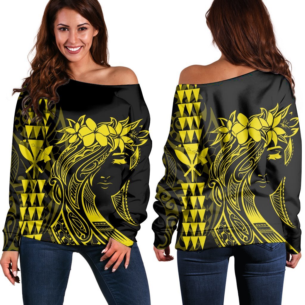 Hawaii Map Kanaka Polynesian Hula Girl Women's Off Shoulder Sweater Yellow - AH - J5R Black - Polynesian Pride