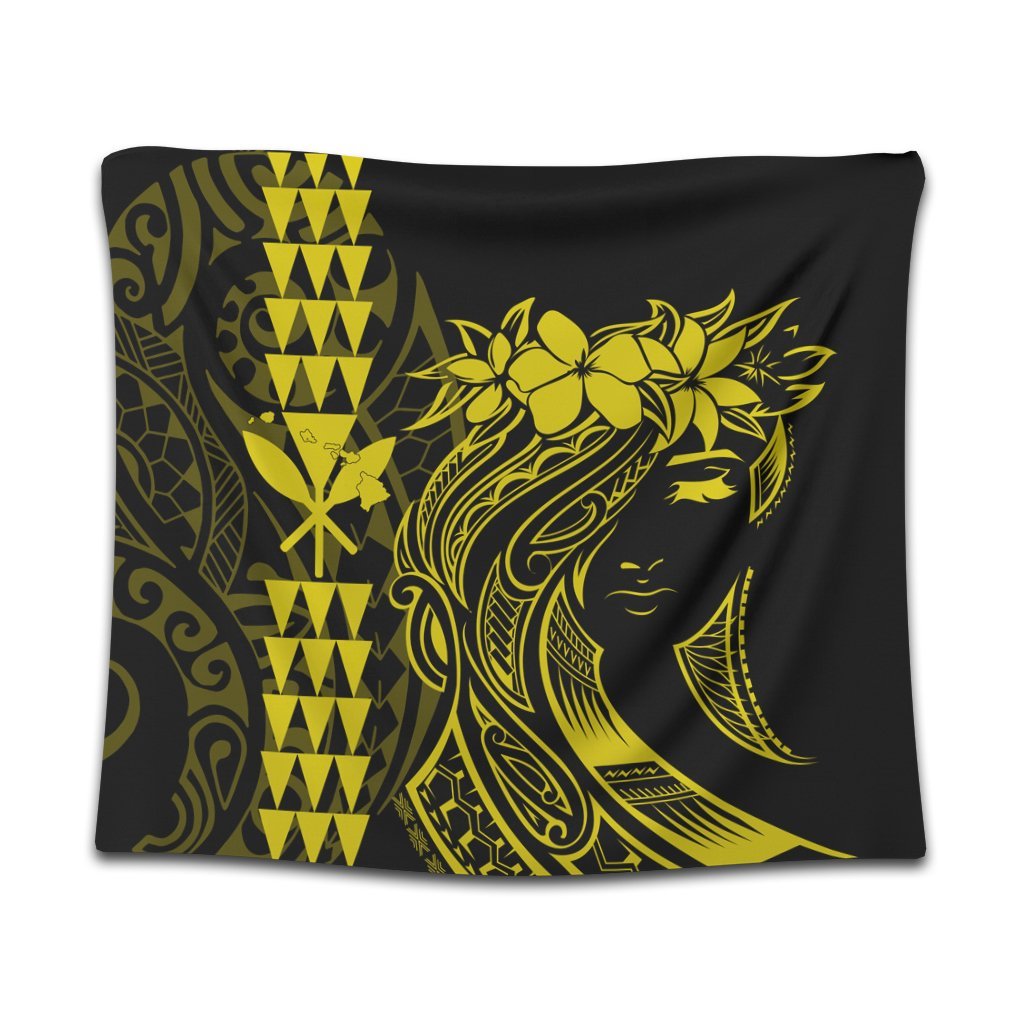 Hawaii Map Kanaka Polynesian Hula Girl Tapestry Yellow - AH - J5C Wall Tapestry Black - Polynesian Pride