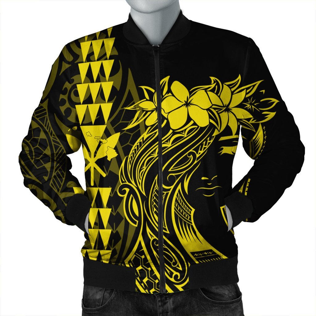 Hawaii Map Kanaka Polynesian Hula Girl Bomber Jacket Yellow - AH - J5R Black Unisex - Polynesian Pride