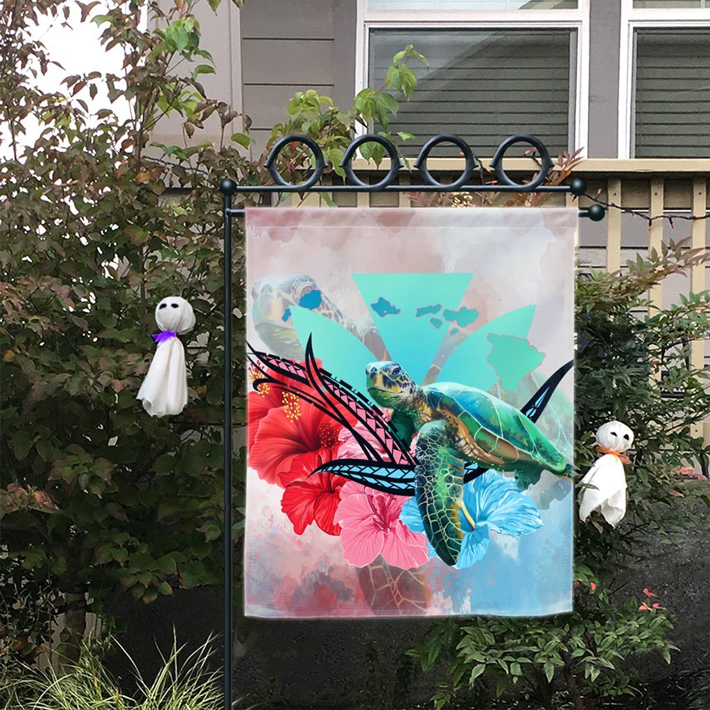 Hawaii Map Kanaka Sea Turtle Hibiscus Flag - AH - Blue Pink - Polynesian Pride