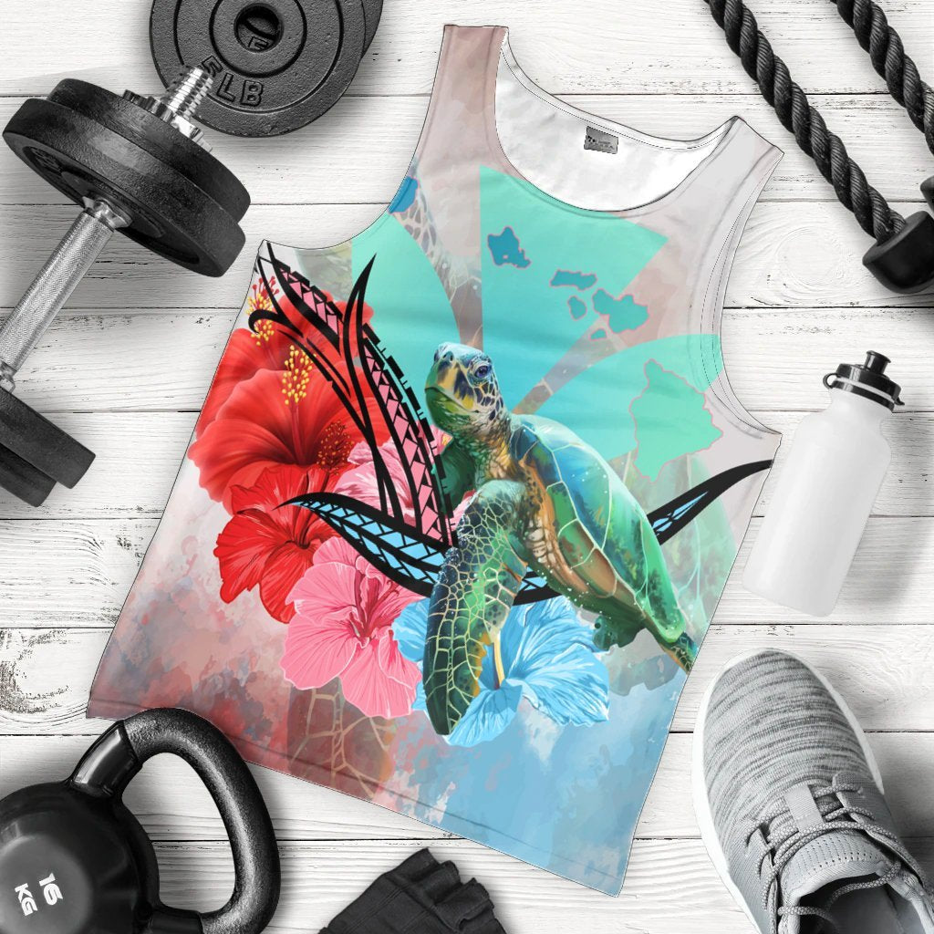 Hawaii Map Kanaka Sea Turtle Hibiscus Tank Top - AH - Blue Pink - Polynesian Pride