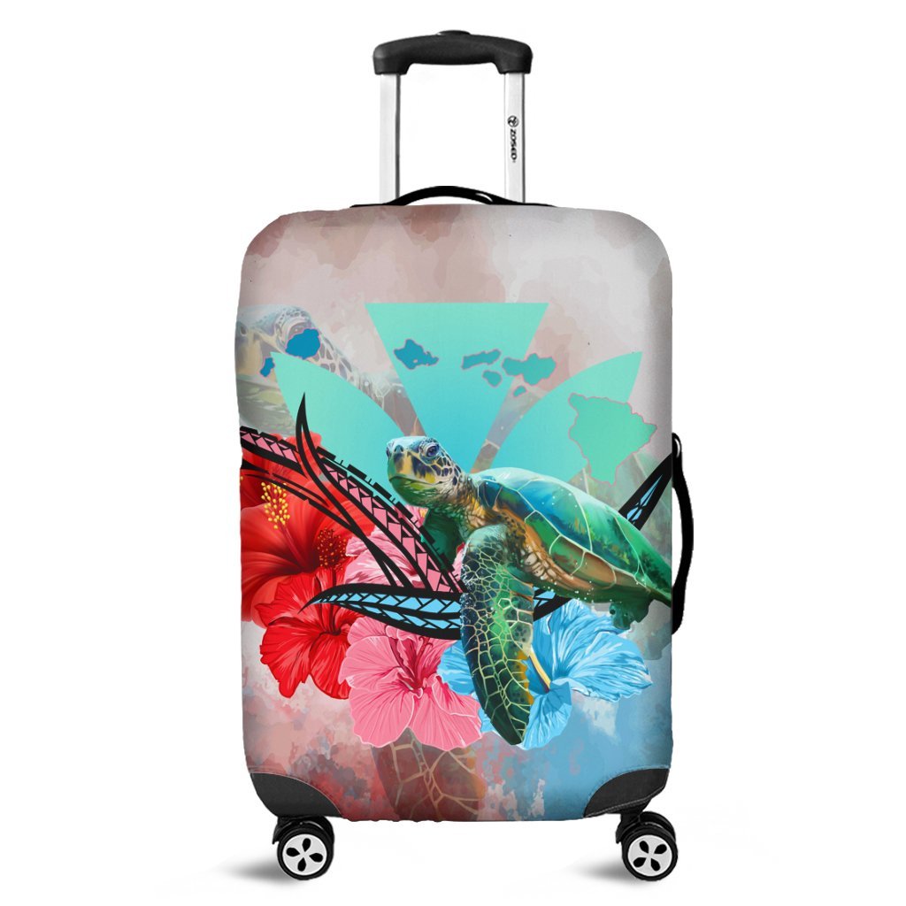 Hawaii Map Kanaka Sea Turtle Hibiscus Luggage Covers - AH - Blue Pink Black - Polynesian Pride