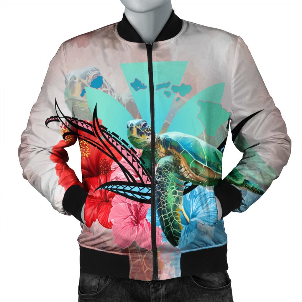 Hawaii Map Kanaka Sea Turtle Hibiscus Bomber Jacket - AH - Blue Pink Black Unisex - Polynesian Pride