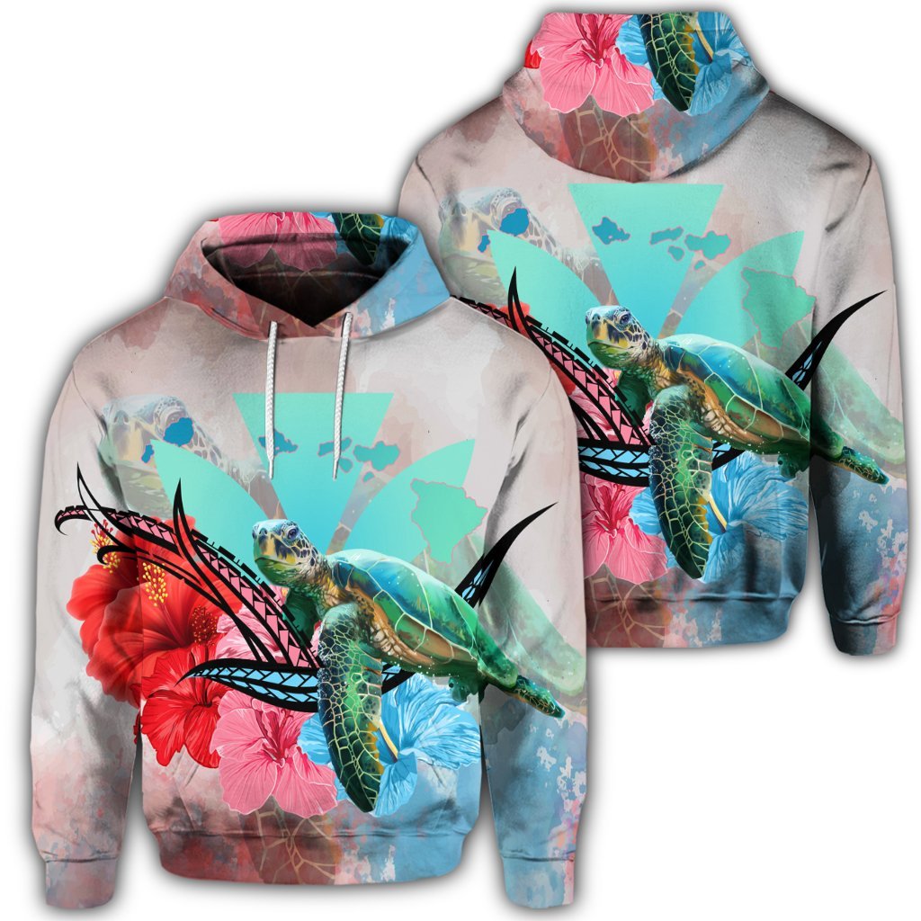 Hawaiian Map Kanaka Sea Turtle Hibiscus Hoodie Blue Pink Unisex Art - Polynesian Pride