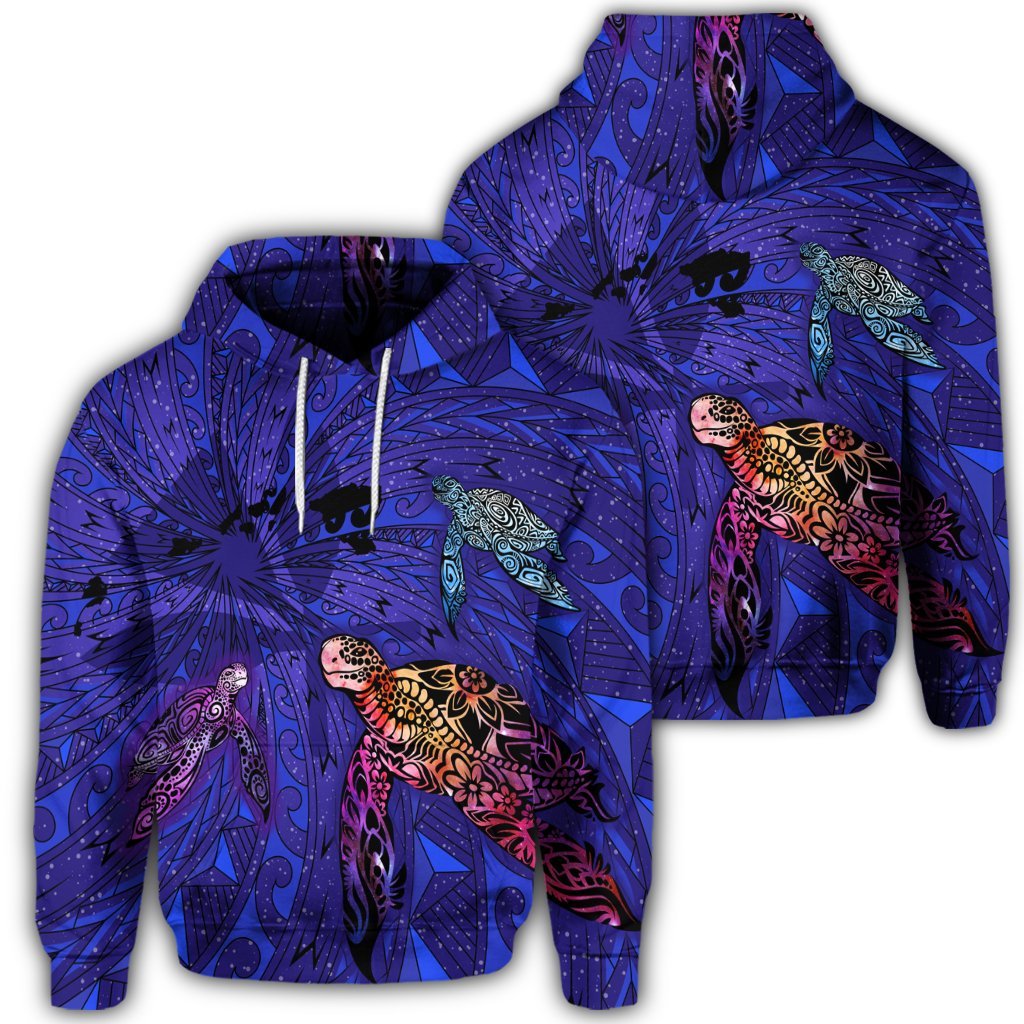 Hawaiian Map Kanaka Turtle Hoodie Volcano Style Galaxy Unisex Art - Polynesian Pride